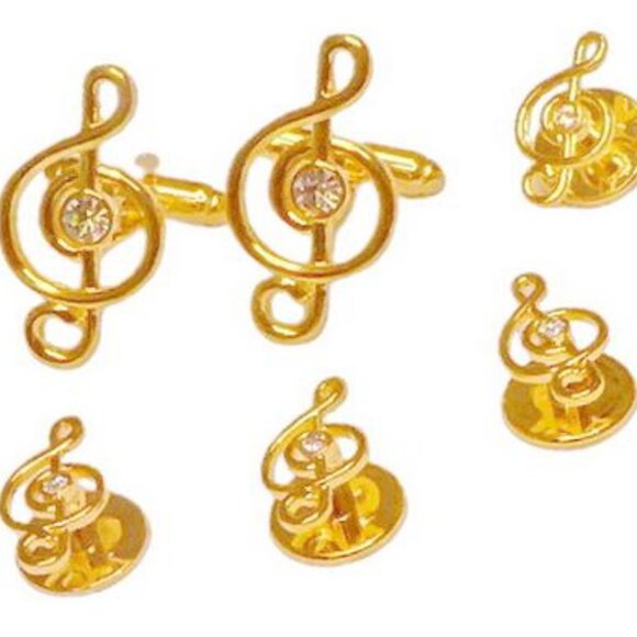 Lt Gold Musical Treble Clef Formal Set with CZ center stone on links & Studs - Picture 1 of 1